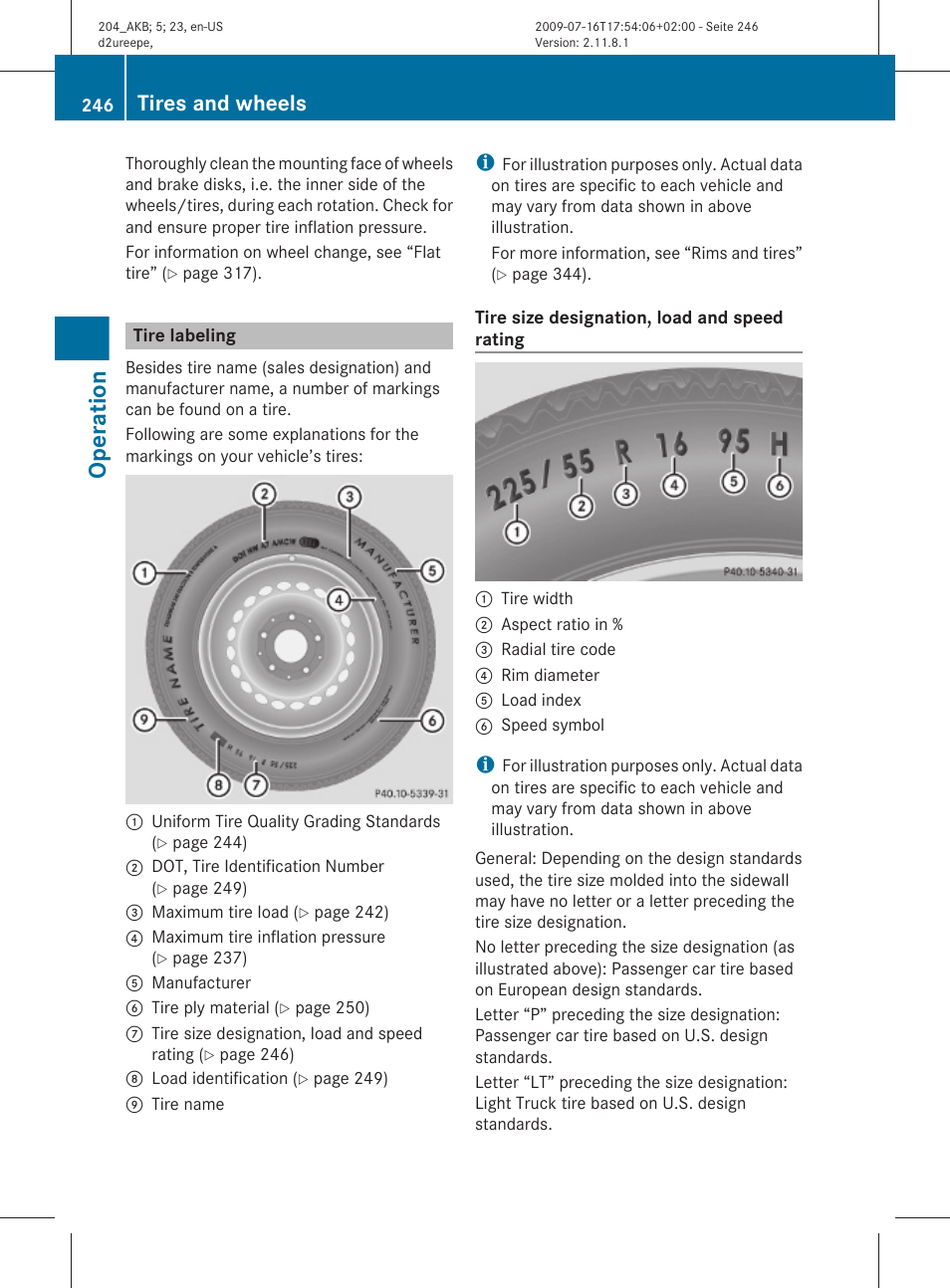 Tire labeling, Specified on the tire sidewall, Operation | Tires and wheels | Mercedes-Benz C-Class 2010 Owners Manual User Manual | Page 248 / 364