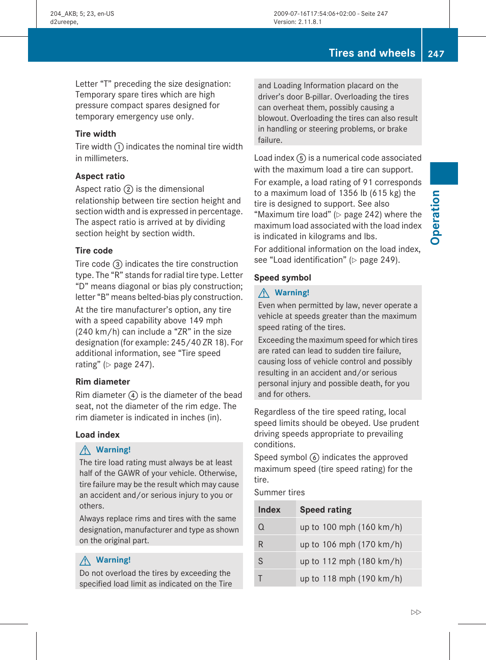 Operation, Tires and wheels | Mercedes-Benz C-Class 2010 Owners Manual User Manual | Page 249 / 364