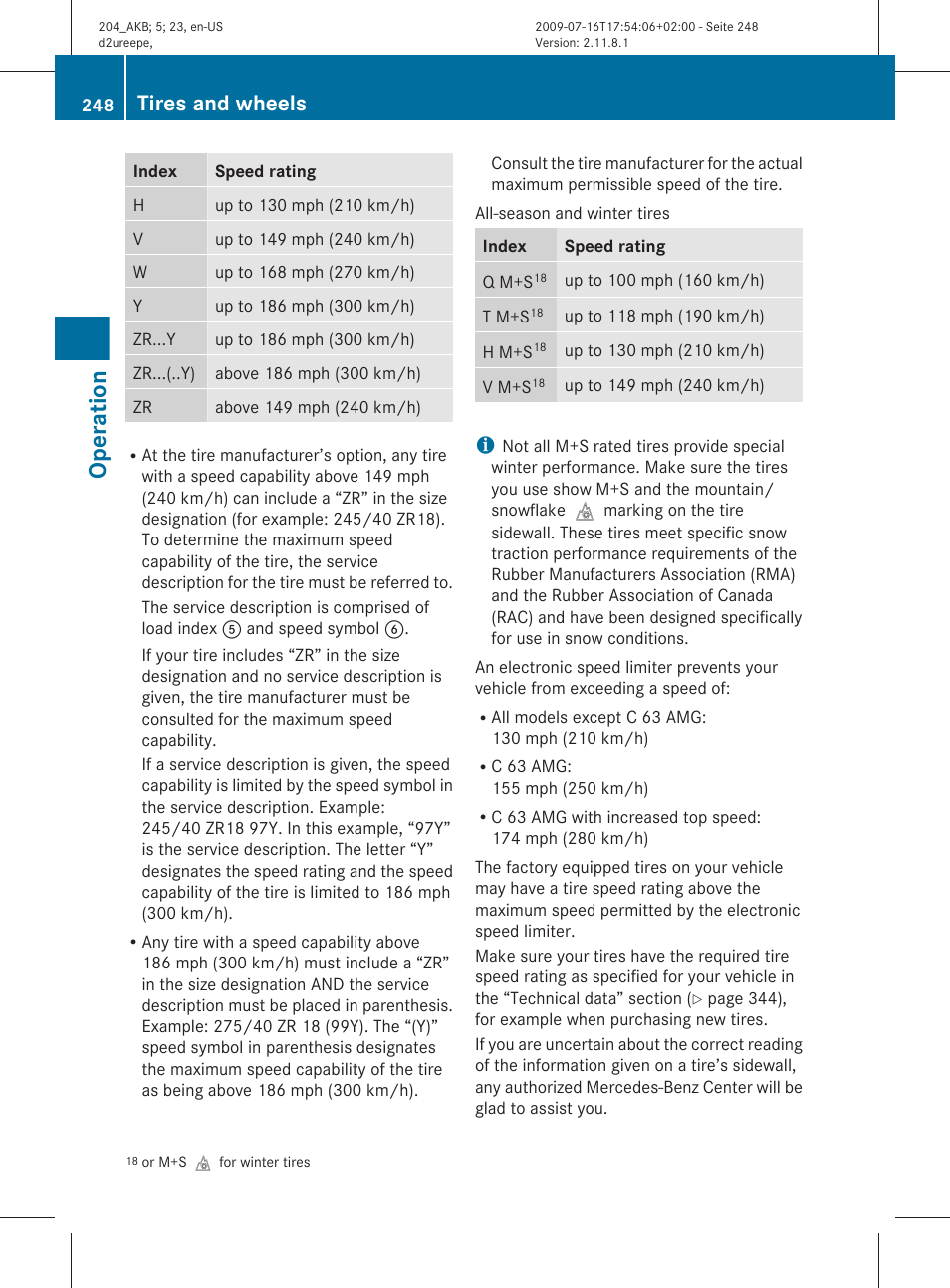 Operation, Tires and wheels | Mercedes-Benz C-Class 2010 Owners Manual User Manual | Page 250 / 364