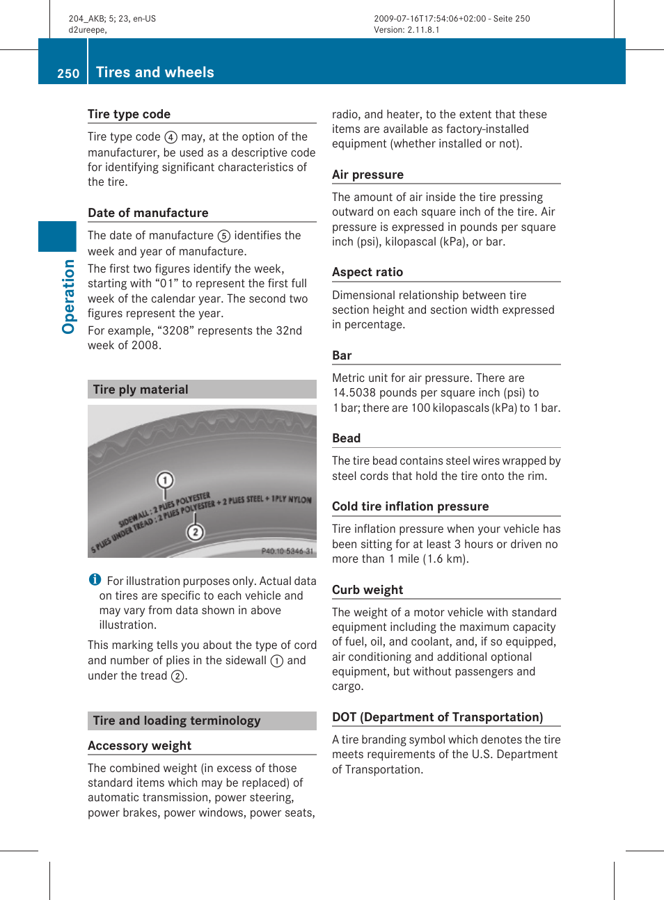 Tire ply material, Tire and loading terminology, Operation | Tires and wheels | Mercedes-Benz C-Class 2010 Owners Manual User Manual | Page 252 / 364