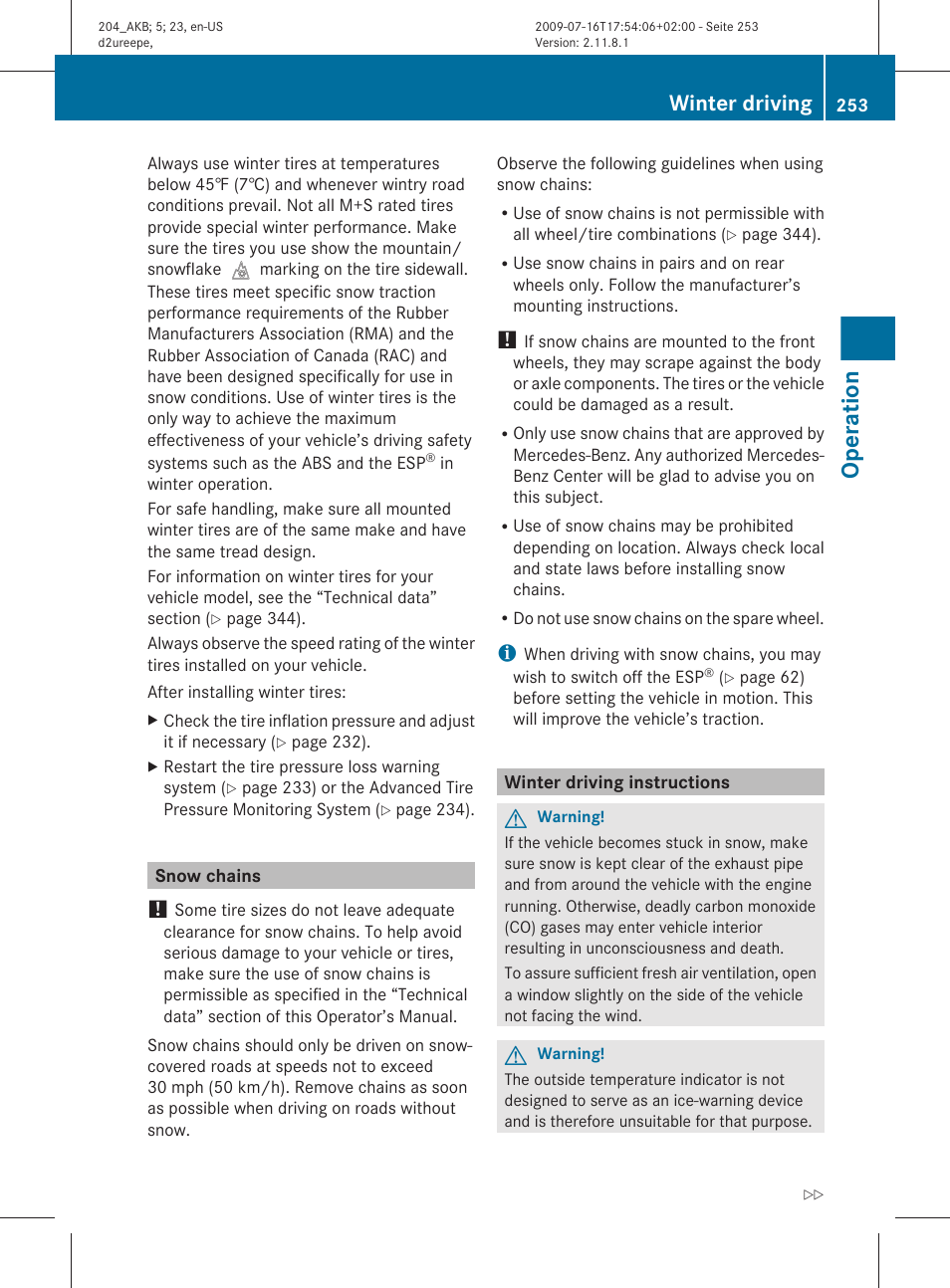 Snow chains, Winter driving instructions, Operation | Winter driving | Mercedes-Benz C-Class 2010 Owners Manual User Manual | Page 255 / 364