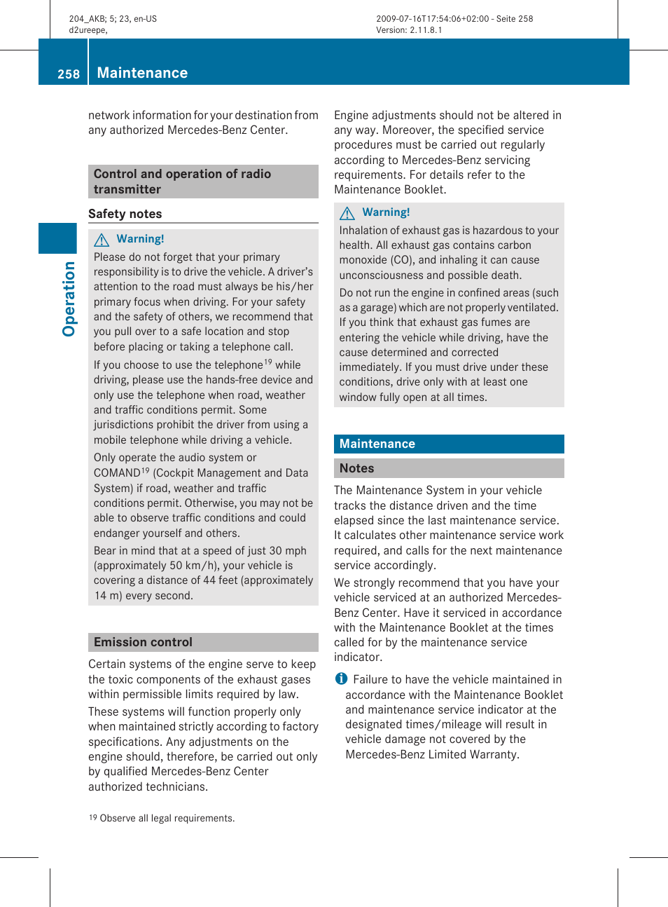 Control and operation of radio transmitter, Emission control, Maintenance | Notes, Operation | Mercedes-Benz C-Class 2010 Owners Manual User Manual | Page 260 / 364