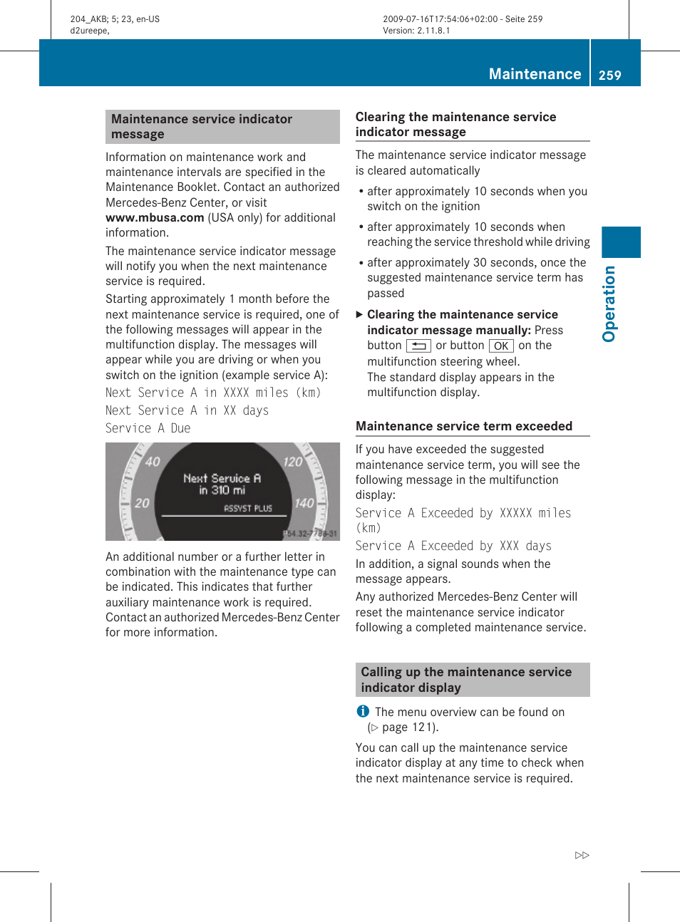 Maintenance service indicator message, Indicator display, Operation | Maintenance | Mercedes-Benz C-Class 2010 Owners Manual User Manual | Page 261 / 364