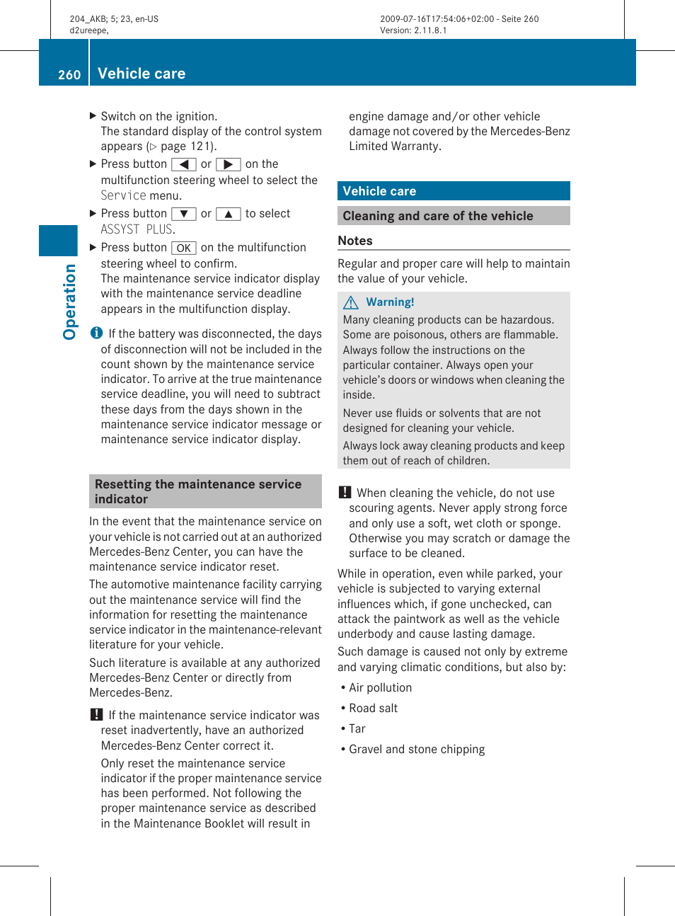 Resetting the maintenance service indicator, Vehicle care, Cleaning and care of the vehicle | Operation | Mercedes-Benz C-Class 2010 Owners Manual User Manual | Page 262 / 364