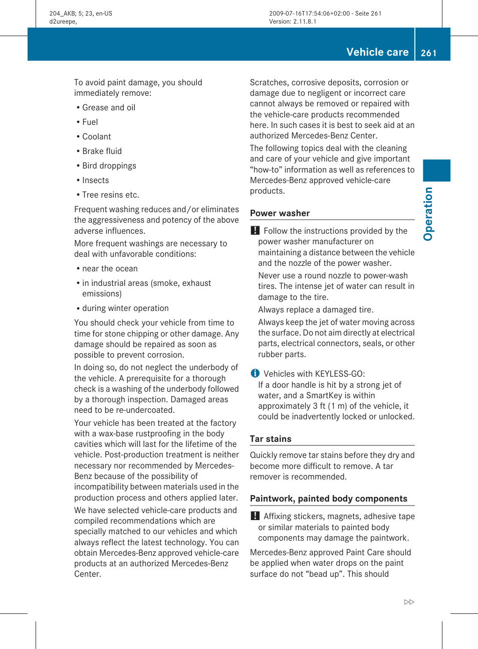 Operation, Vehicle care | Mercedes-Benz C-Class 2010 Owners Manual User Manual | Page 263 / 364