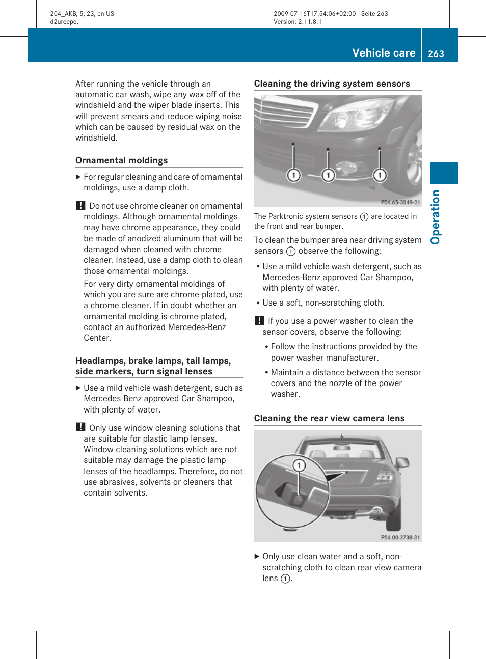 Operation, Vehicle care | Mercedes-Benz C-Class 2010 Owners Manual User Manual | Page 265 / 364