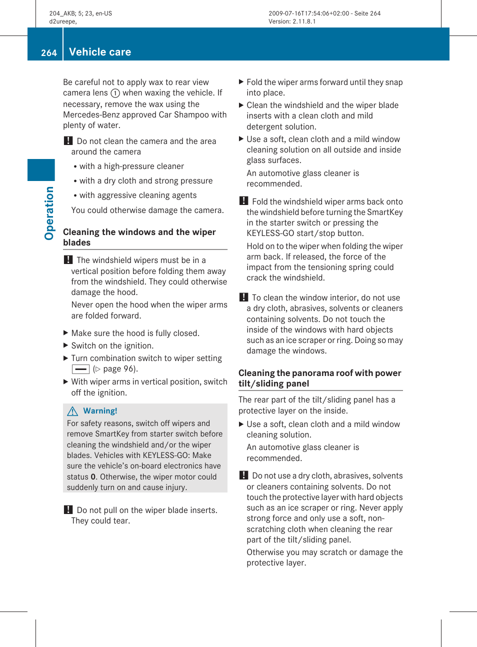 Operation, Vehicle care | Mercedes-Benz C-Class 2010 Owners Manual User Manual | Page 266 / 364