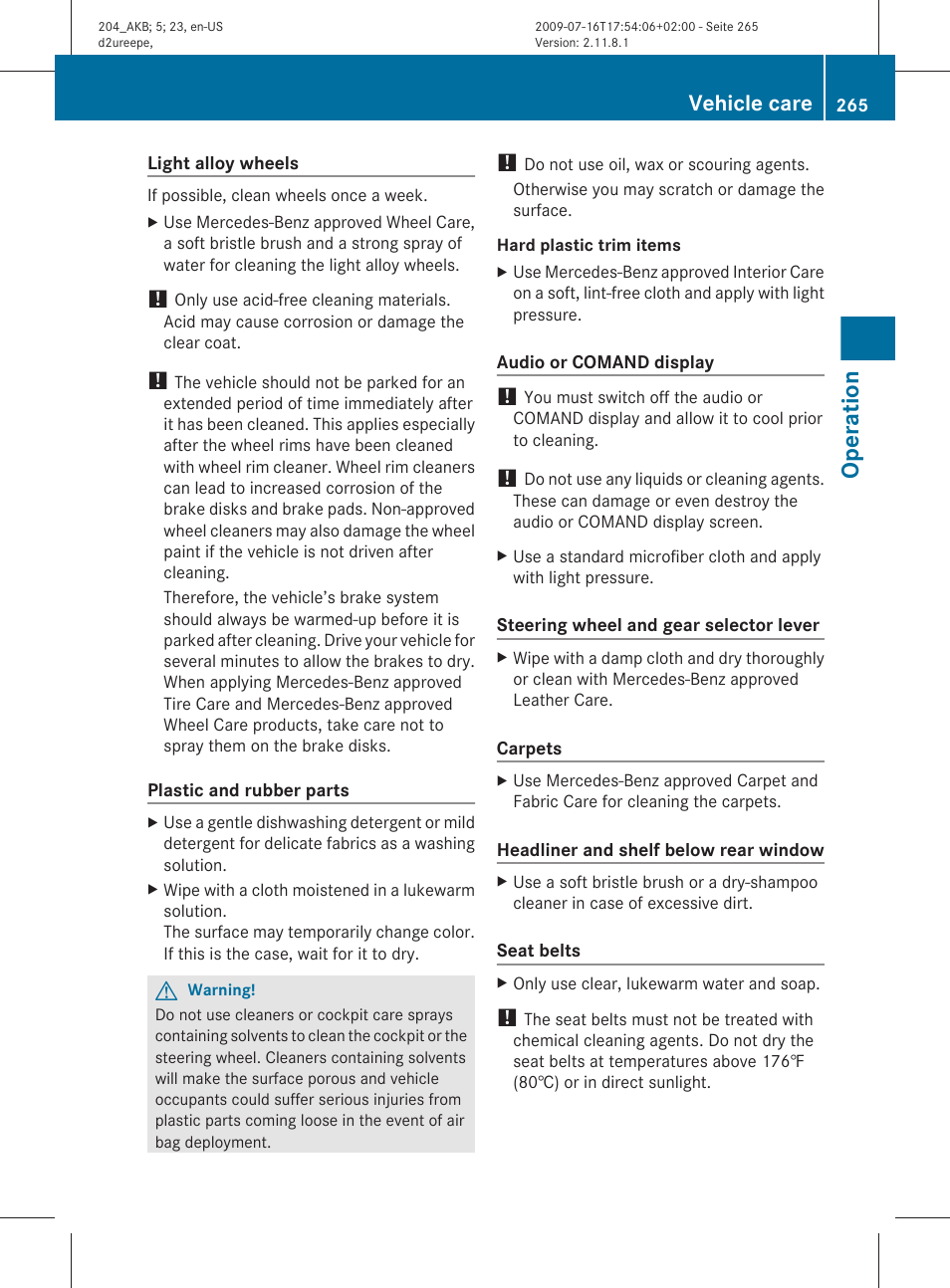 Comand display, Operation, Vehicle care | Mercedes-Benz C-Class 2010 Owners Manual User Manual | Page 267 / 364