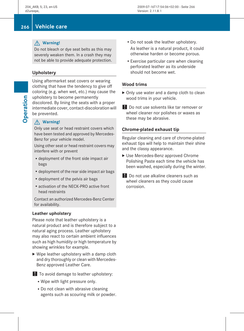 Operation, Vehicle care | Mercedes-Benz C-Class 2010 Owners Manual User Manual | Page 268 / 364