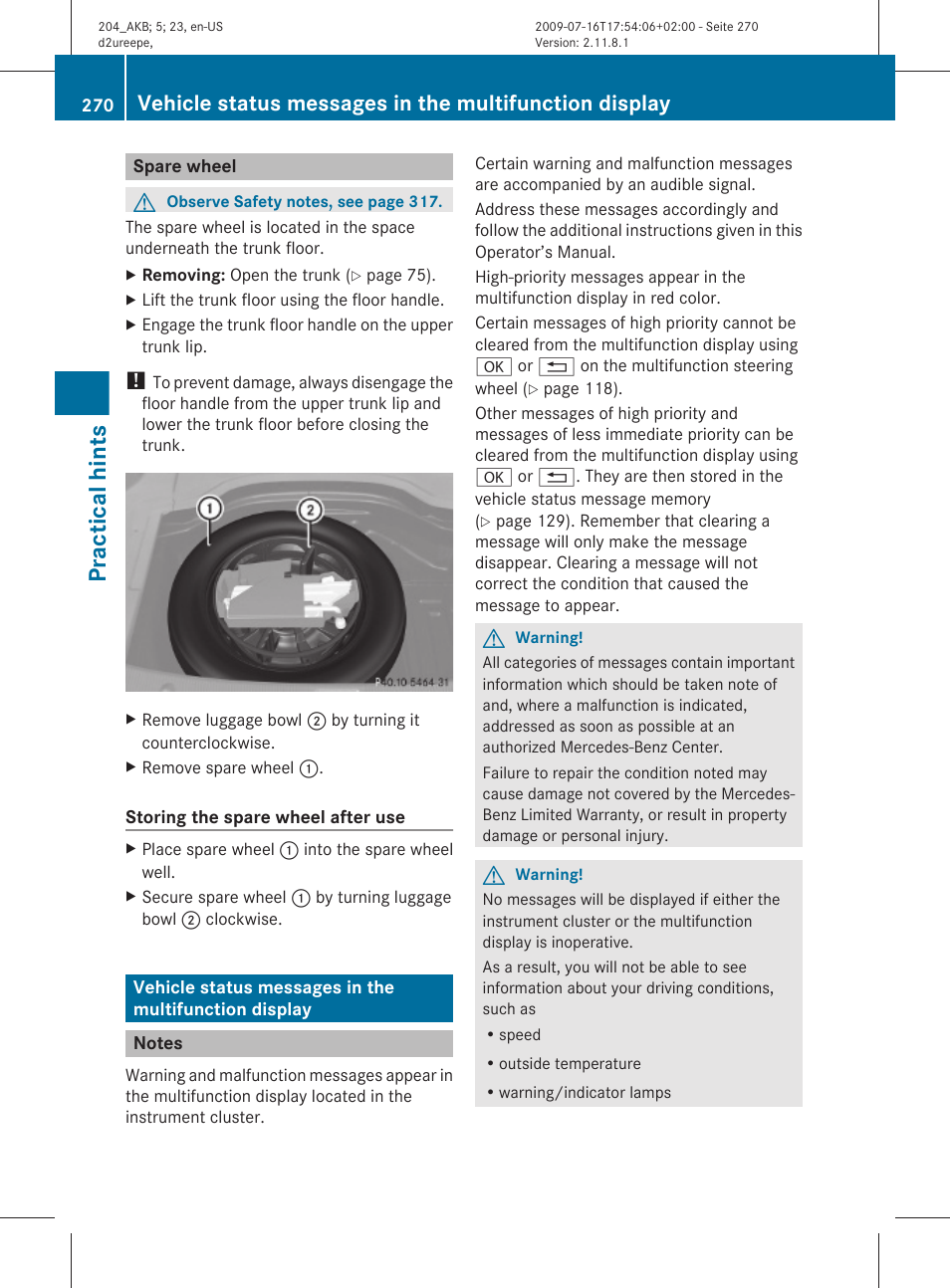 Spare wheel, Notes, Multifunction display | Practical hints | Mercedes-Benz C-Class 2010 Owners Manual User Manual | Page 272 / 364