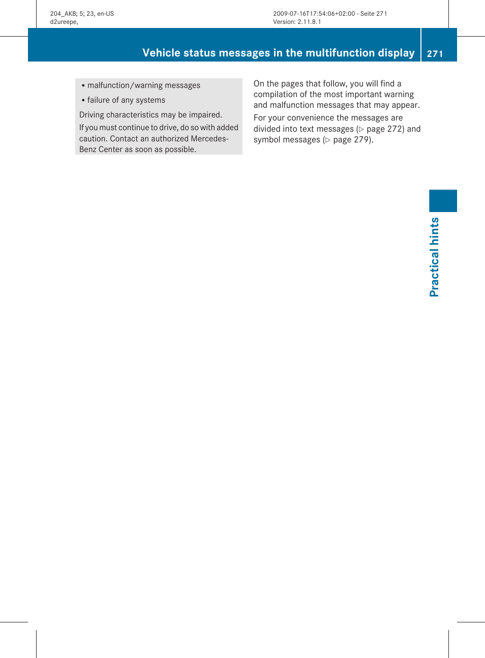 Practical hints | Mercedes-Benz C-Class 2010 Owners Manual User Manual | Page 273 / 364