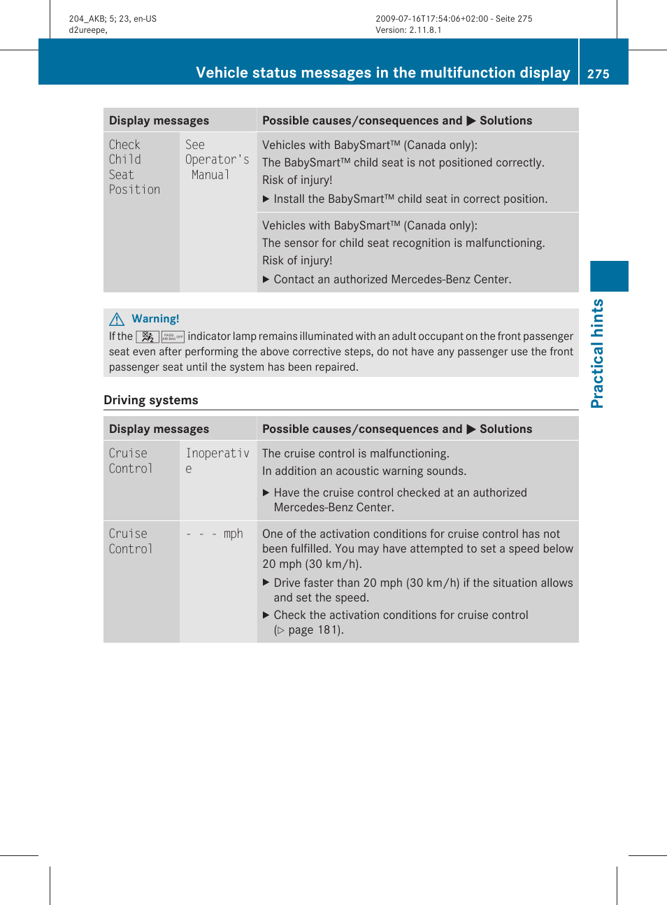 Practical hints | Mercedes-Benz C-Class 2010 Owners Manual User Manual | Page 277 / 364