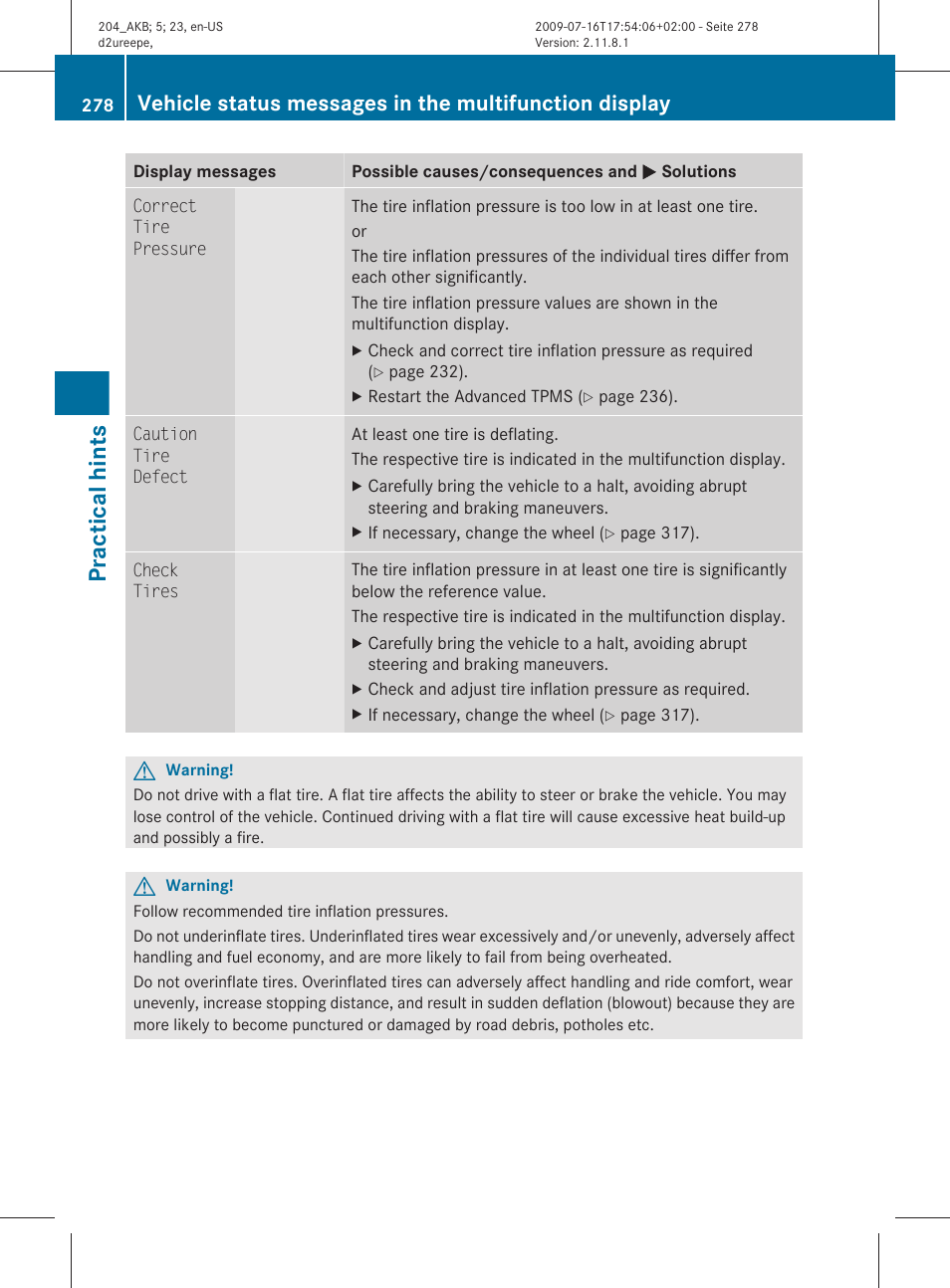 Practical hints | Mercedes-Benz C-Class 2010 Owners Manual User Manual | Page 280 / 364