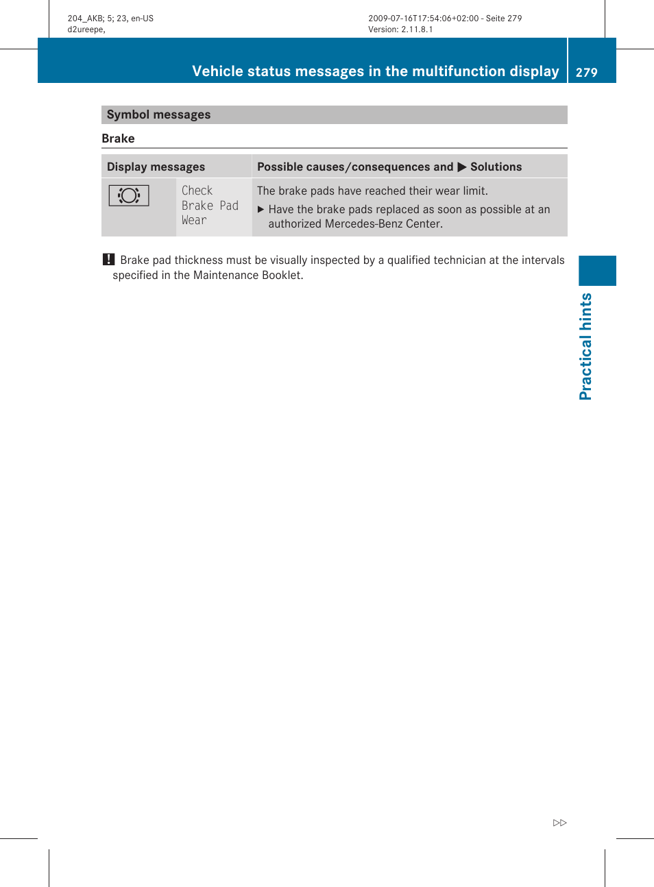 Symbol messages, Practical hints | Mercedes-Benz C-Class 2010 Owners Manual User Manual | Page 281 / 364