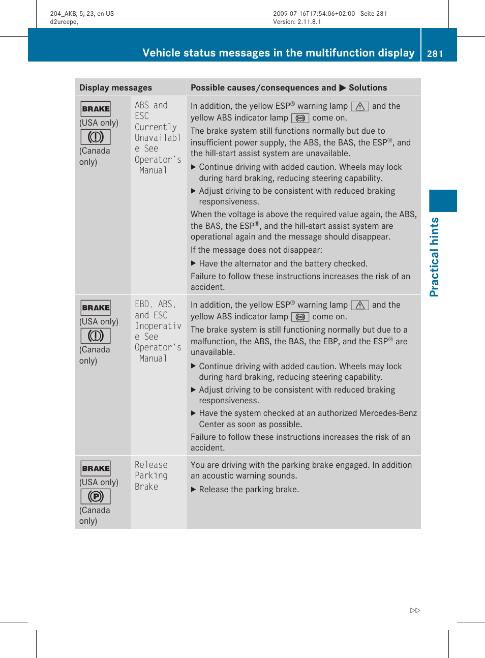 Practical hints | Mercedes-Benz C-Class 2010 Owners Manual User Manual | Page 283 / 364