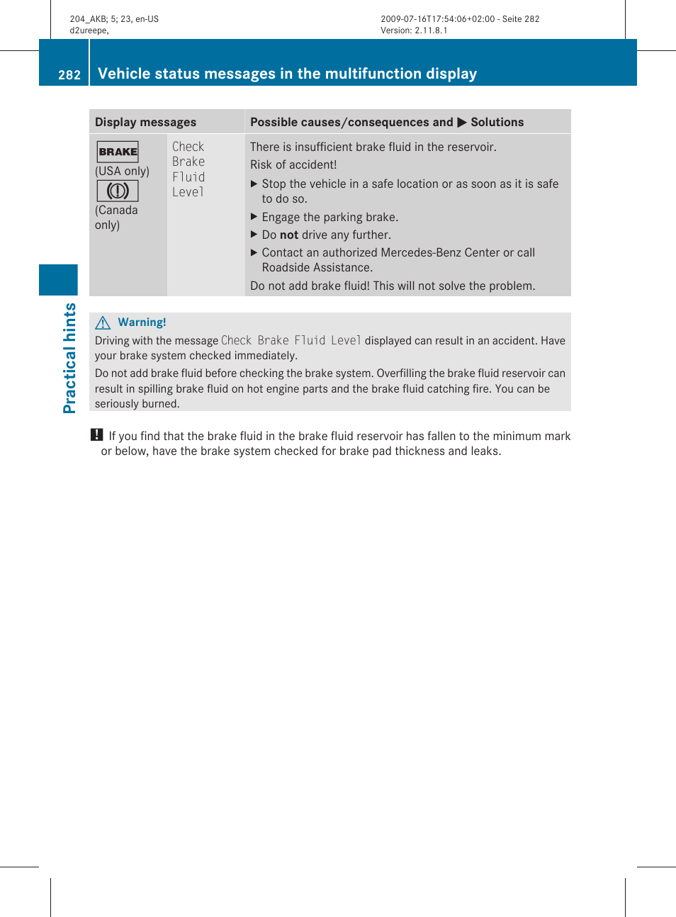 Practical hints | Mercedes-Benz C-Class 2010 Owners Manual User Manual | Page 284 / 364