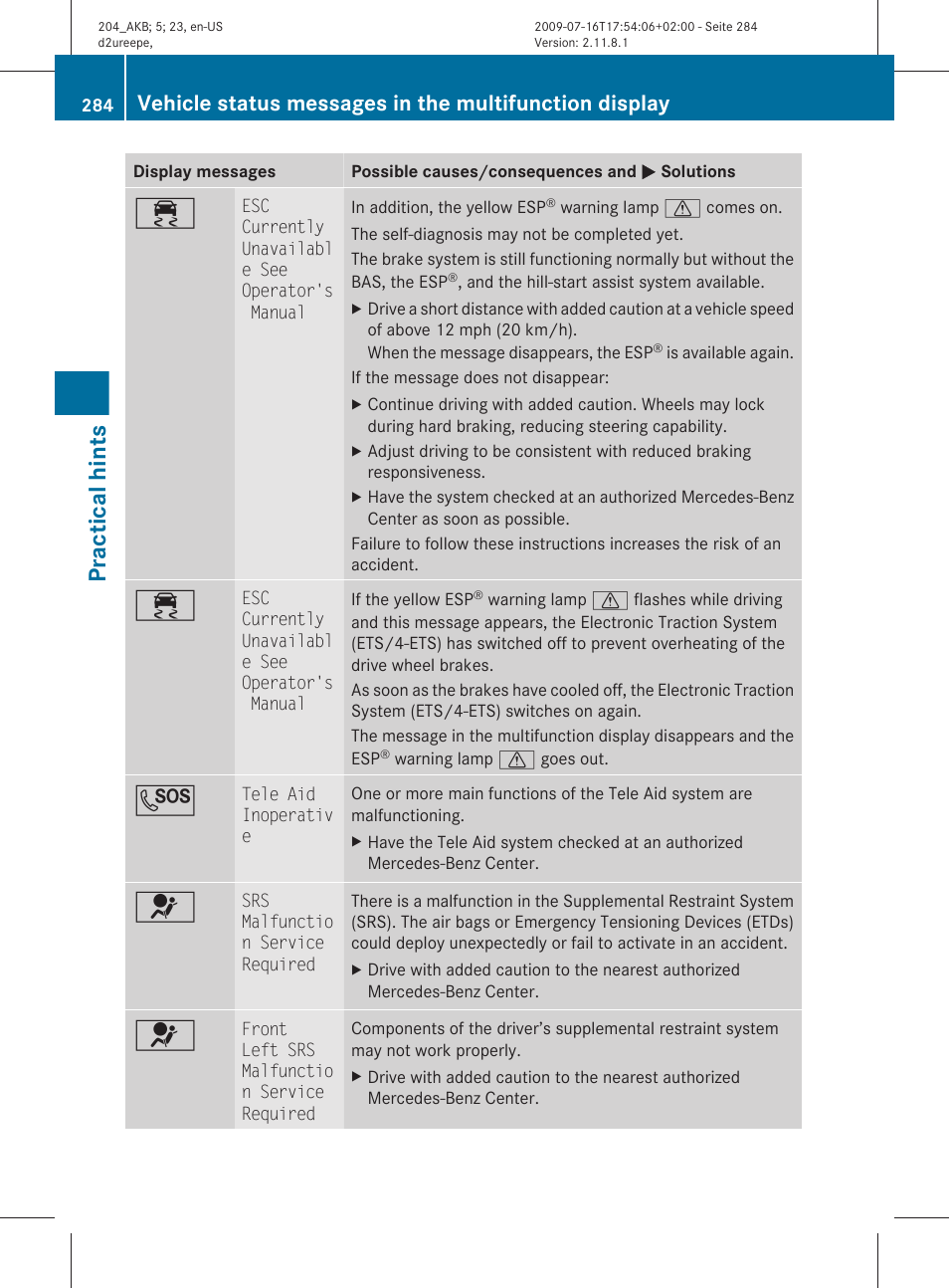 Practical hints | Mercedes-Benz C-Class 2010 Owners Manual User Manual | Page 286 / 364