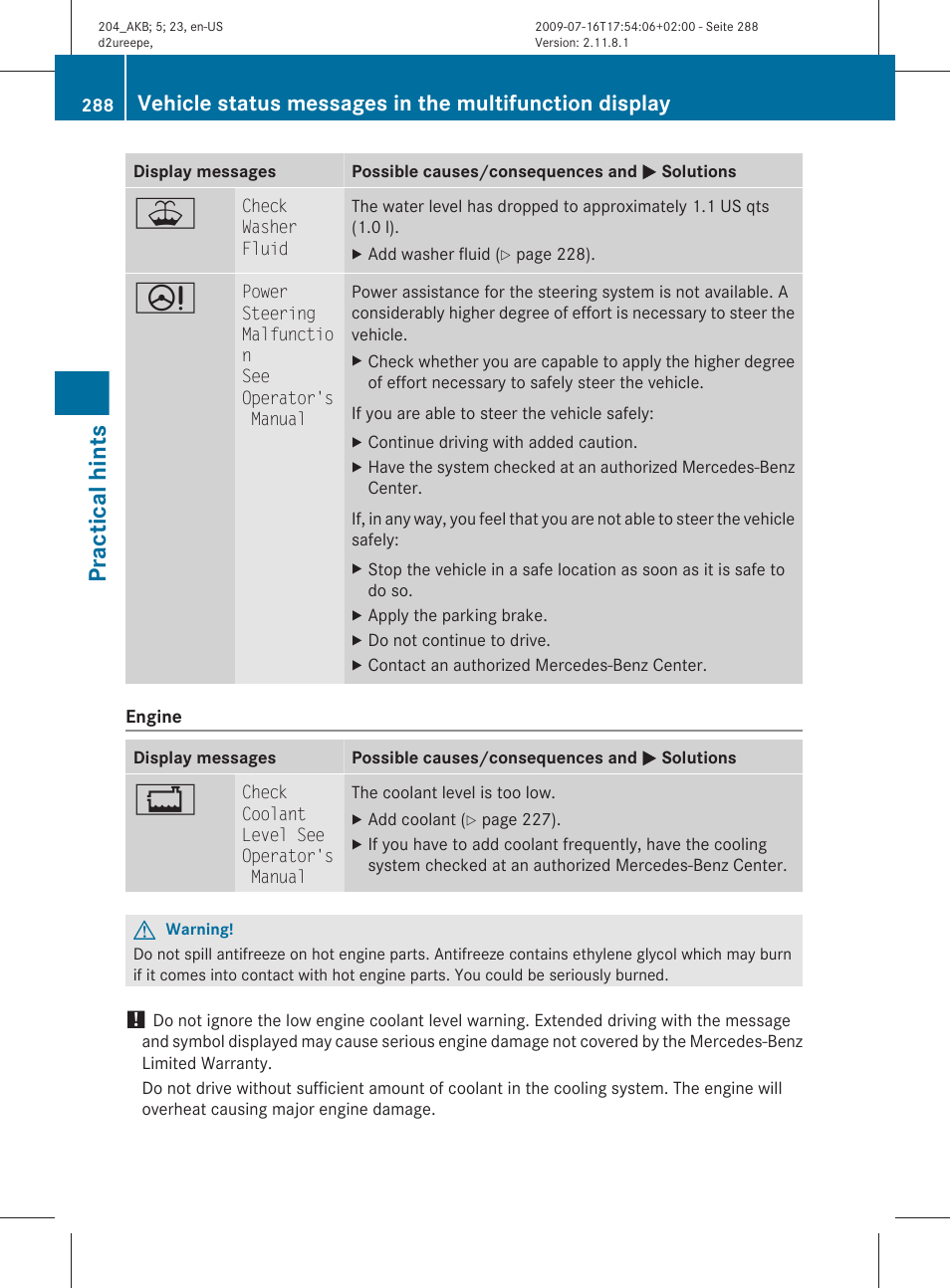 Practical hints | Mercedes-Benz C-Class 2010 Owners Manual User Manual | Page 290 / 364