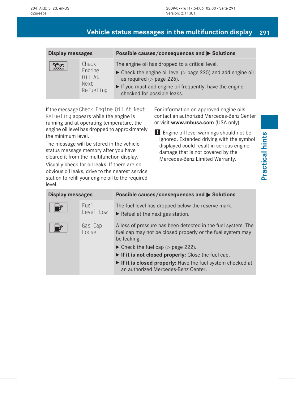 Practical hints | Mercedes-Benz C-Class 2010 Owners Manual User Manual | Page 293 / 364