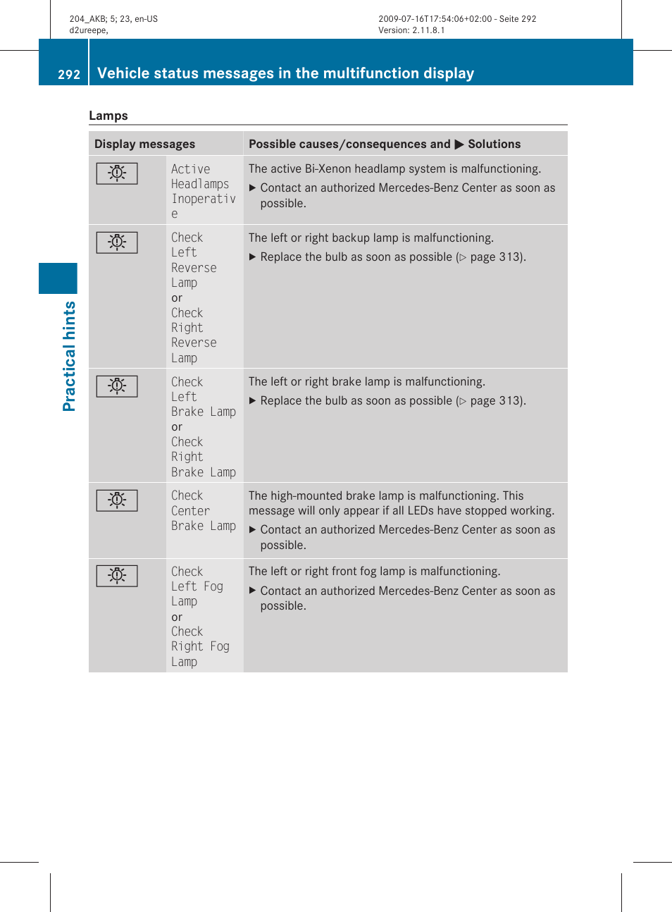 Practical hints | Mercedes-Benz C-Class 2010 Owners Manual User Manual | Page 294 / 364