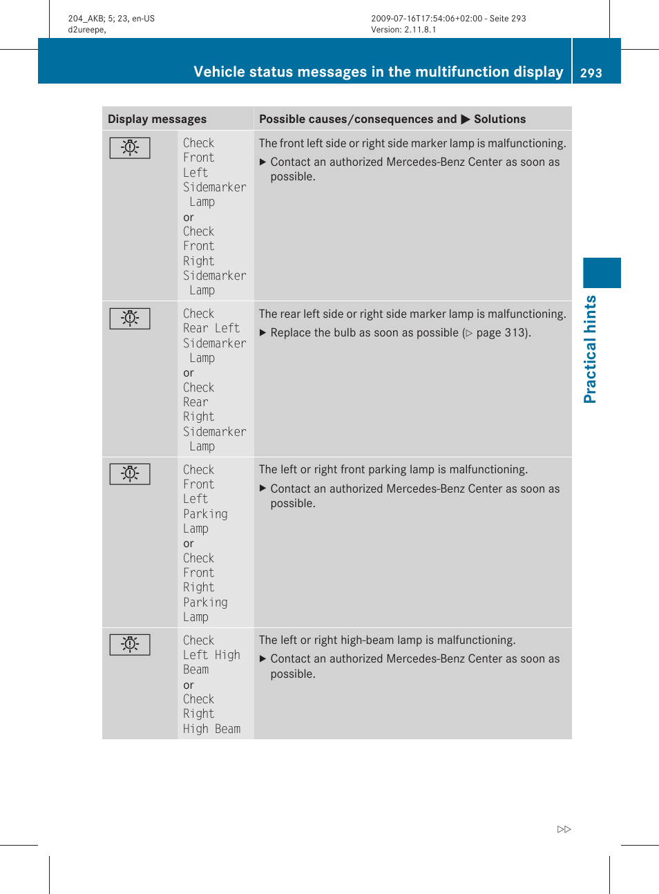 Practical hints | Mercedes-Benz C-Class 2010 Owners Manual User Manual | Page 295 / 364