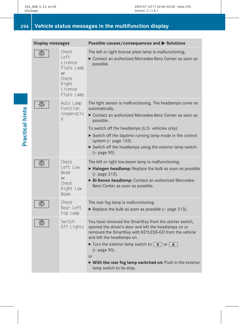 Practical hints | Mercedes-Benz C-Class 2010 Owners Manual User Manual | Page 296 / 364