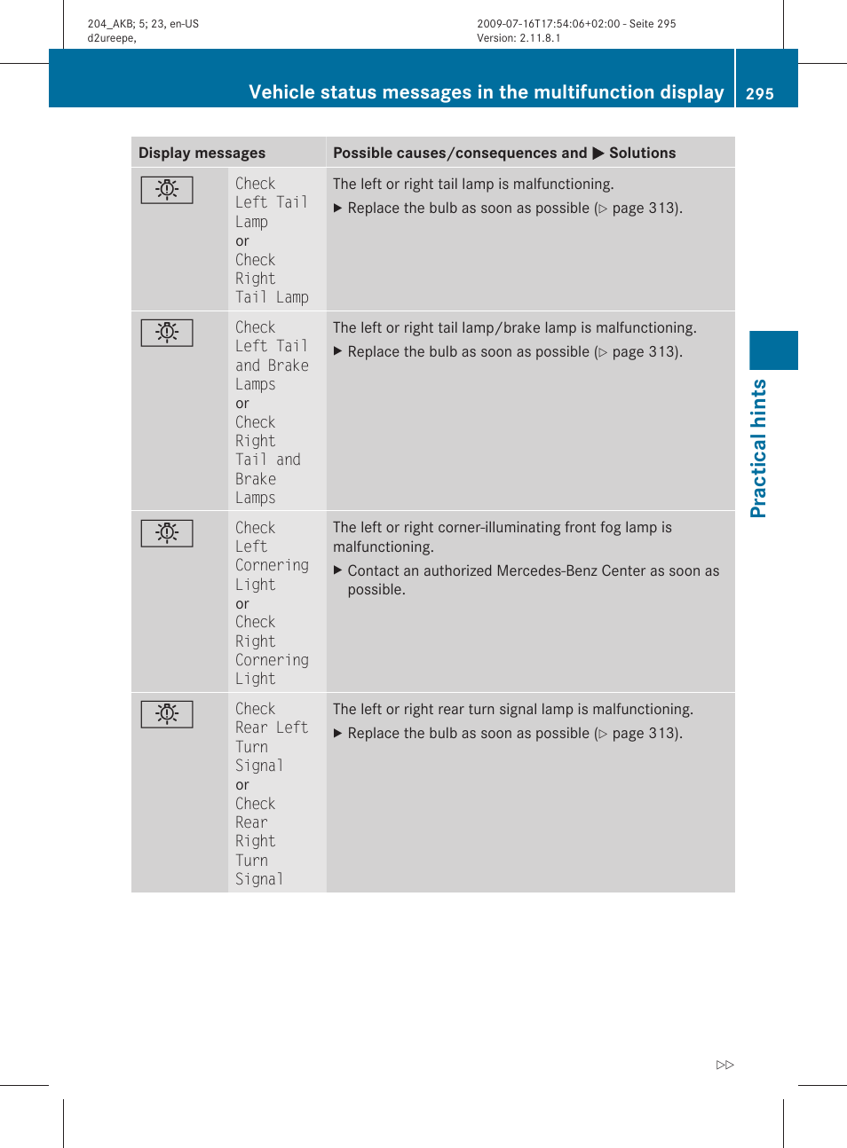 Practical hints | Mercedes-Benz C-Class 2010 Owners Manual User Manual | Page 297 / 364