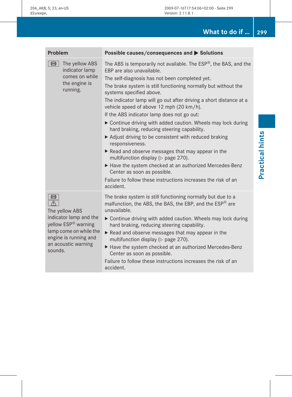 Practical hints, What to do if | Mercedes-Benz C-Class 2010 Owners Manual User Manual | Page 301 / 364