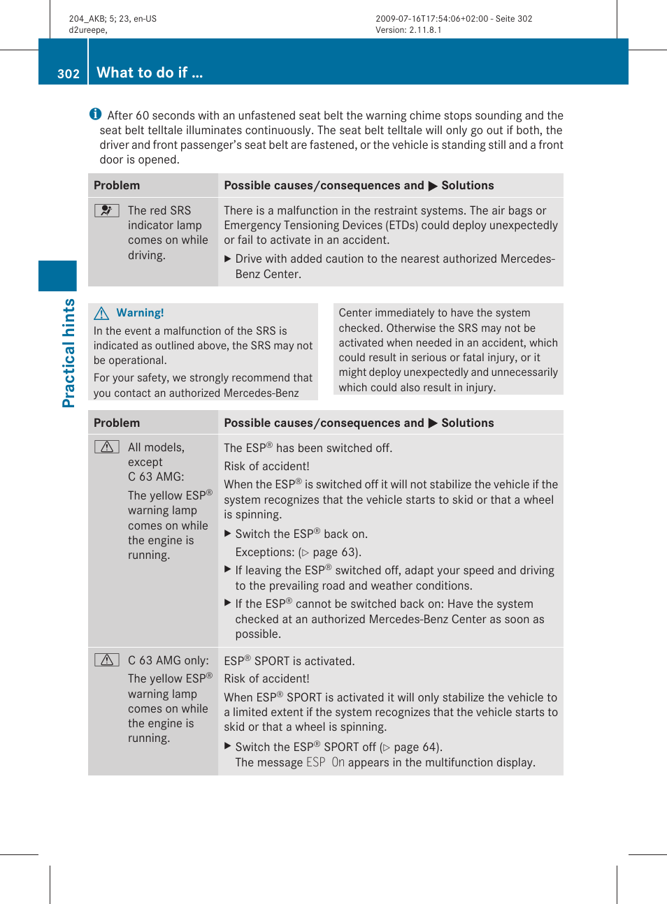 Practical hints, What to do if | Mercedes-Benz C-Class 2010 Owners Manual User Manual | Page 304 / 364