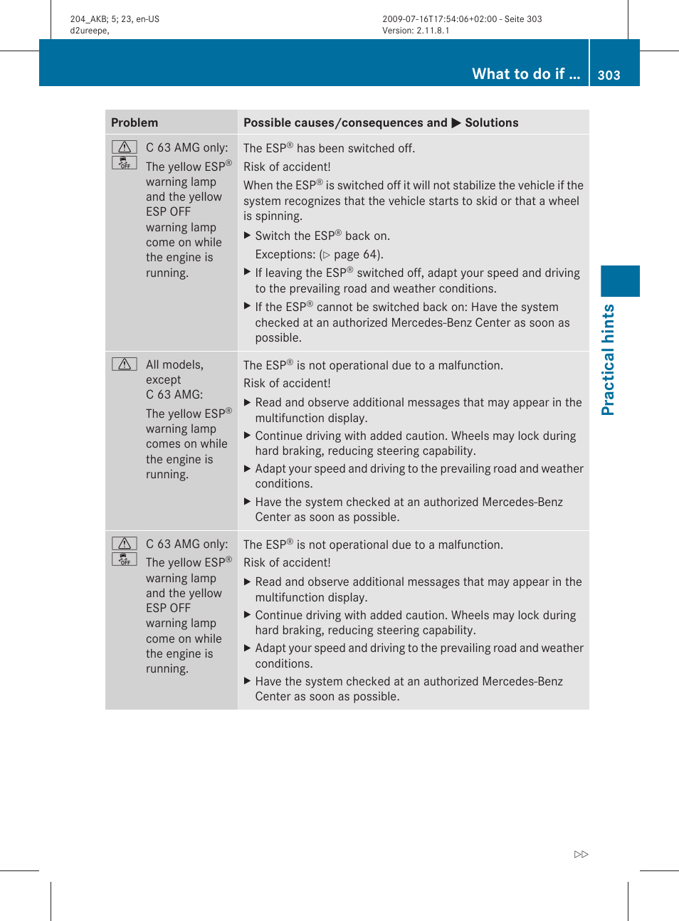 Practical hints, What to do if | Mercedes-Benz C-Class 2010 Owners Manual User Manual | Page 305 / 364