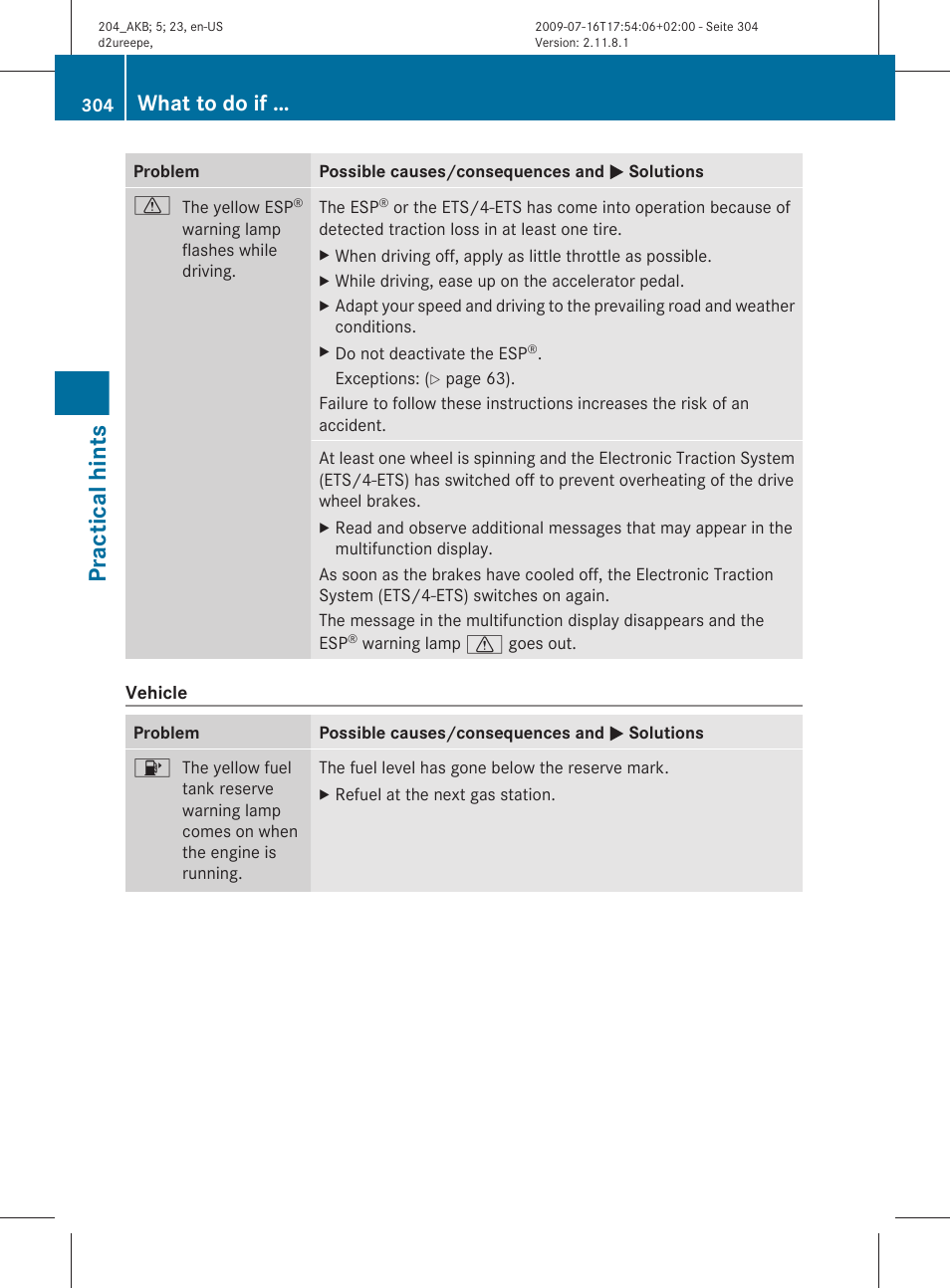 Practical hints, What to do if | Mercedes-Benz C-Class 2010 Owners Manual User Manual | Page 306 / 364