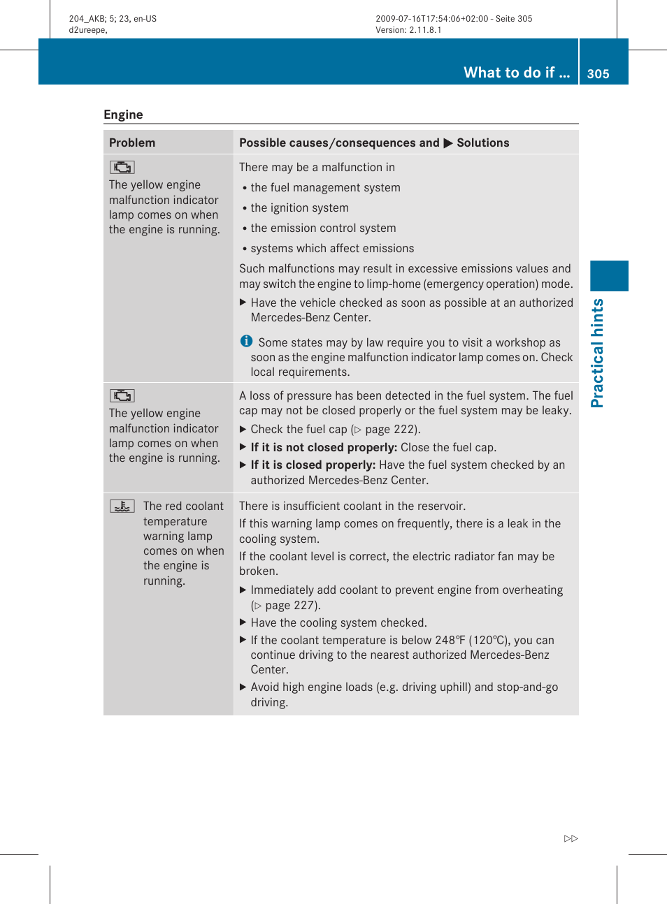 Hints, Practical hints, What to do if | Mercedes-Benz C-Class 2010 Owners Manual User Manual | Page 307 / 364