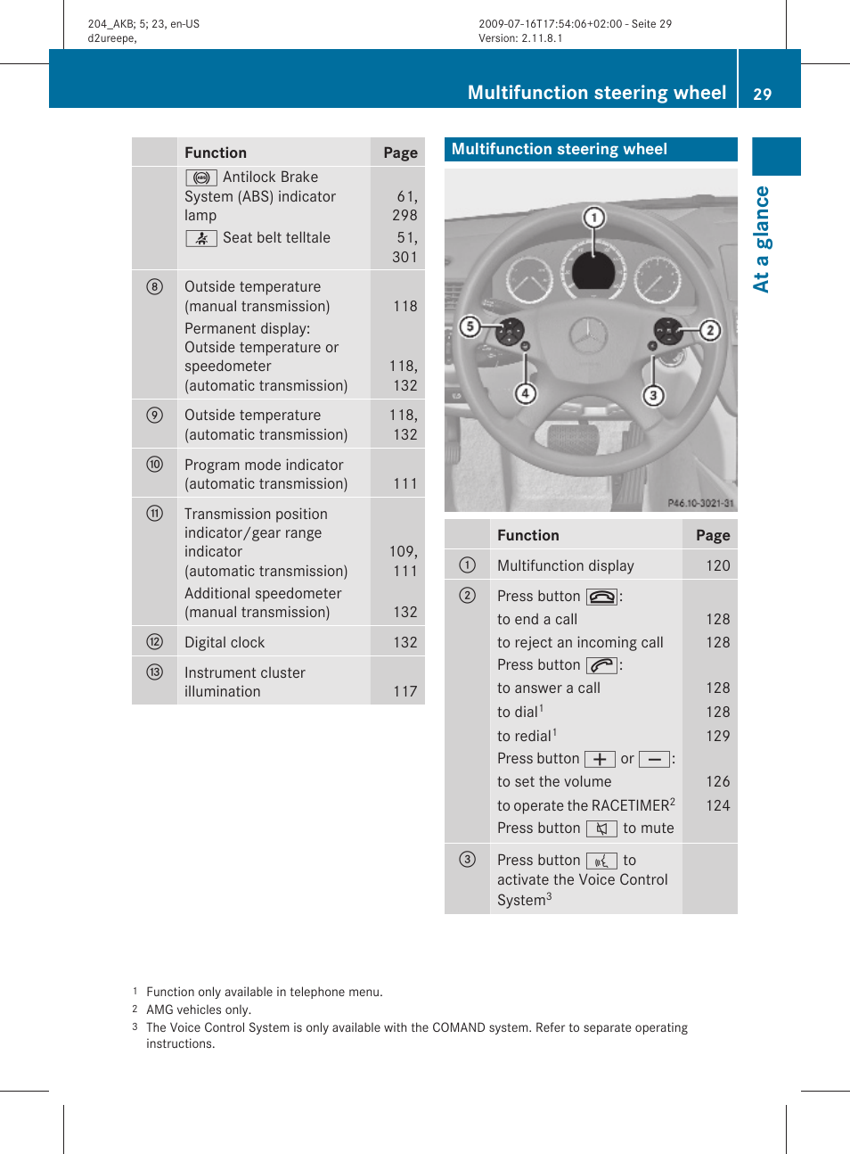 Multifunction steering wheel, At a glance | Mercedes-Benz C-Class 2010 Owners Manual User Manual | Page 31 / 364