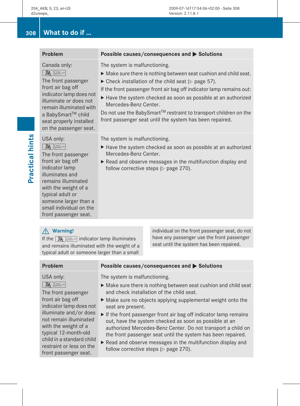 Practical hints, What to do if | Mercedes-Benz C-Class 2010 Owners Manual User Manual | Page 310 / 364