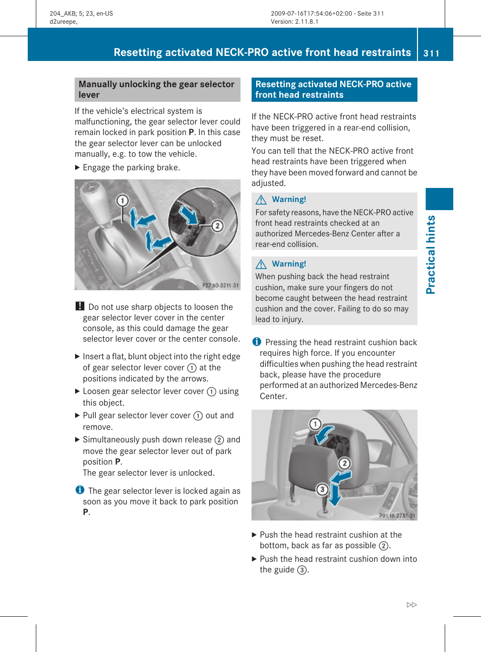 Manually unlocking the gear selector lever, Practical hints | Mercedes-Benz C-Class 2010 Owners Manual User Manual | Page 313 / 364