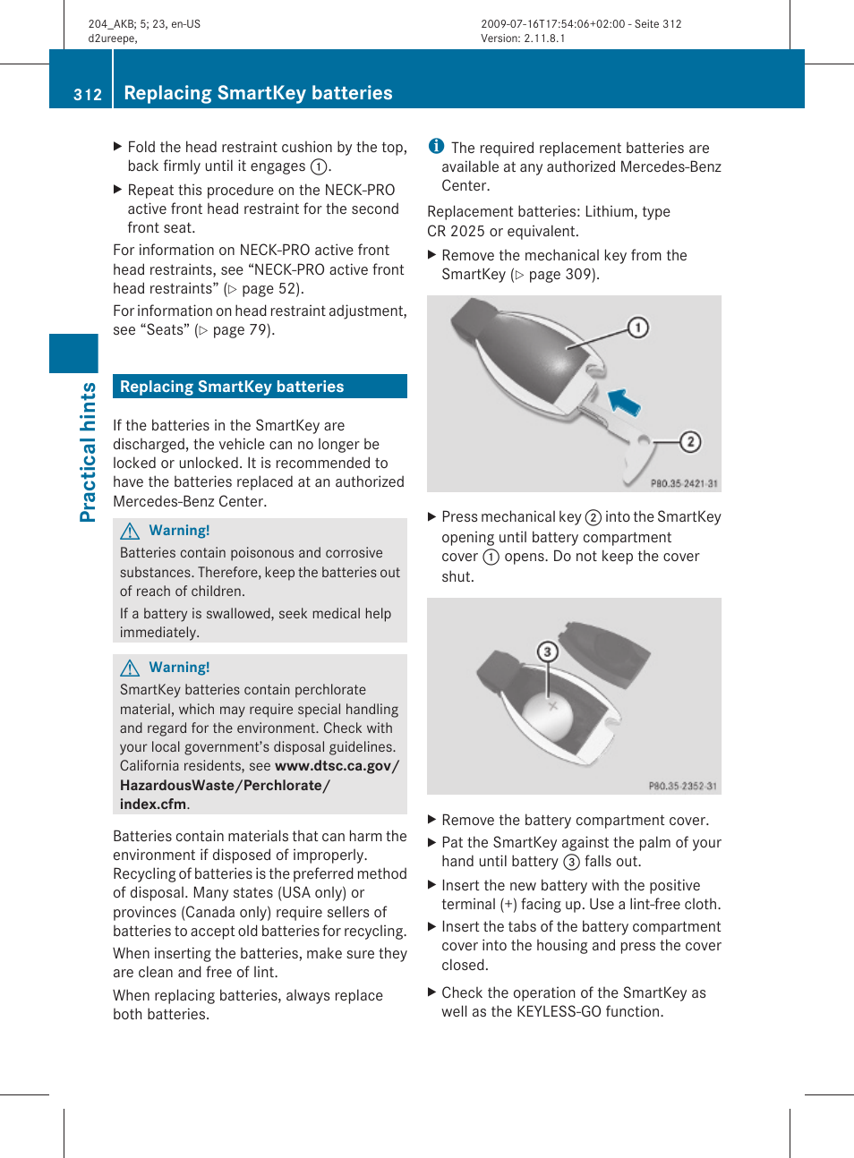 Replacing smartkey batteries, Practical hints | Mercedes-Benz C-Class 2010 Owners Manual User Manual | Page 314 / 364