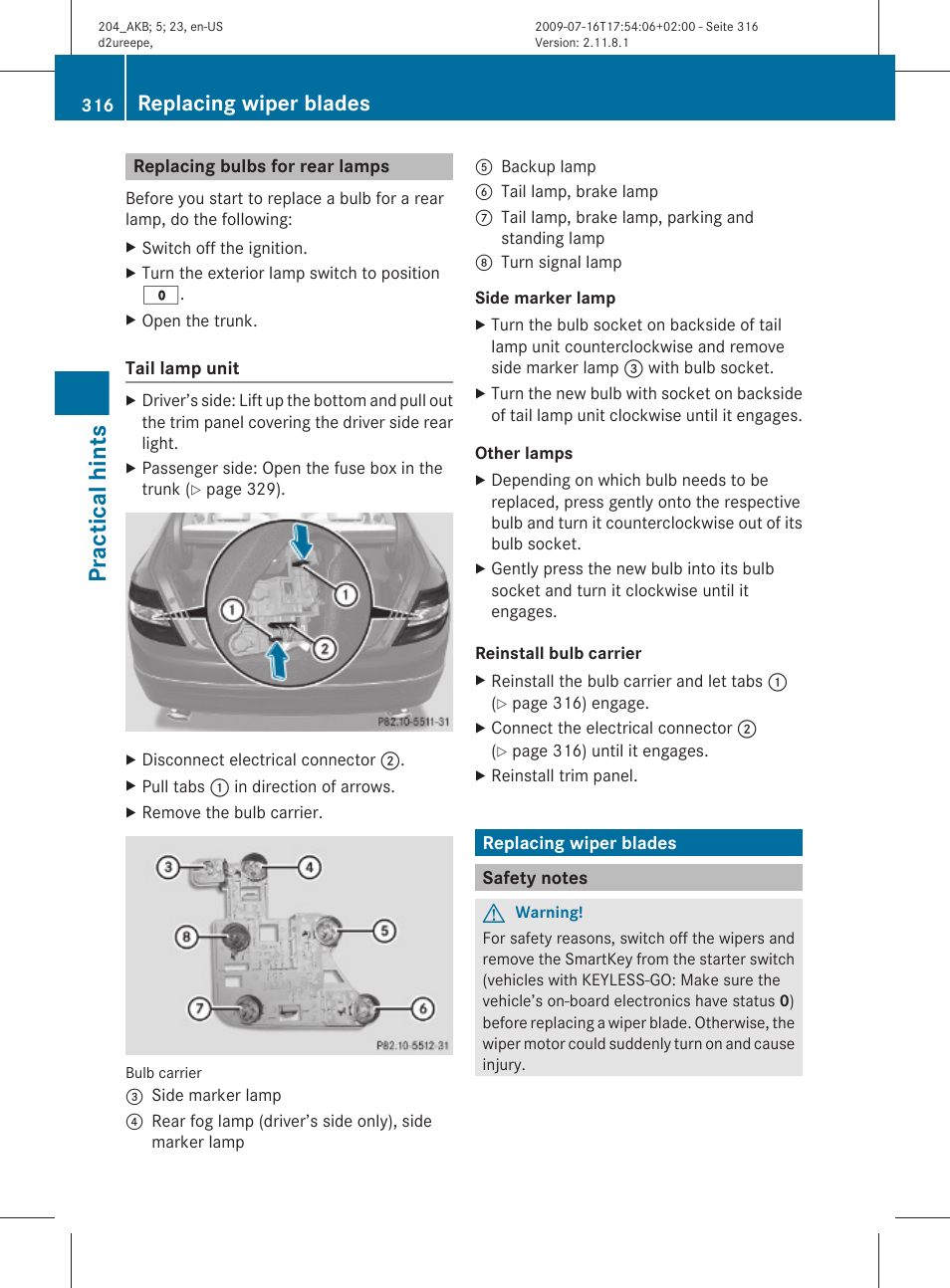 Replacing bulbs for rear lamps, Replacing wiper blades, Safety notes | Practical hints | Mercedes-Benz C-Class 2010 Owners Manual User Manual | Page 318 / 364