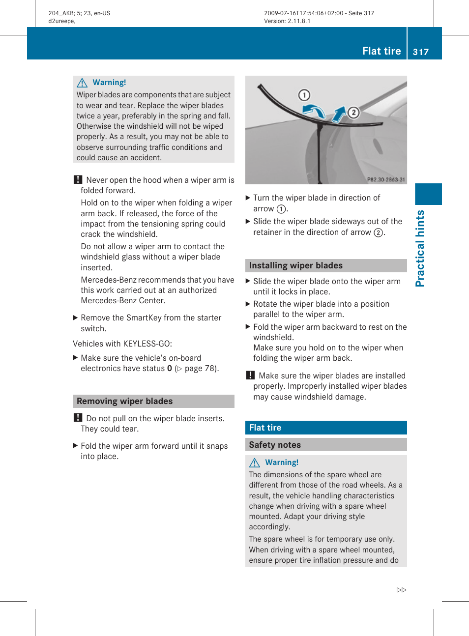Removing wiper blades, Installing wiper blades, Flat tire | Safety notes, Tire, If necessary, change the wheel, Practical hints | Mercedes-Benz C-Class 2010 Owners Manual User Manual | Page 319 / 364