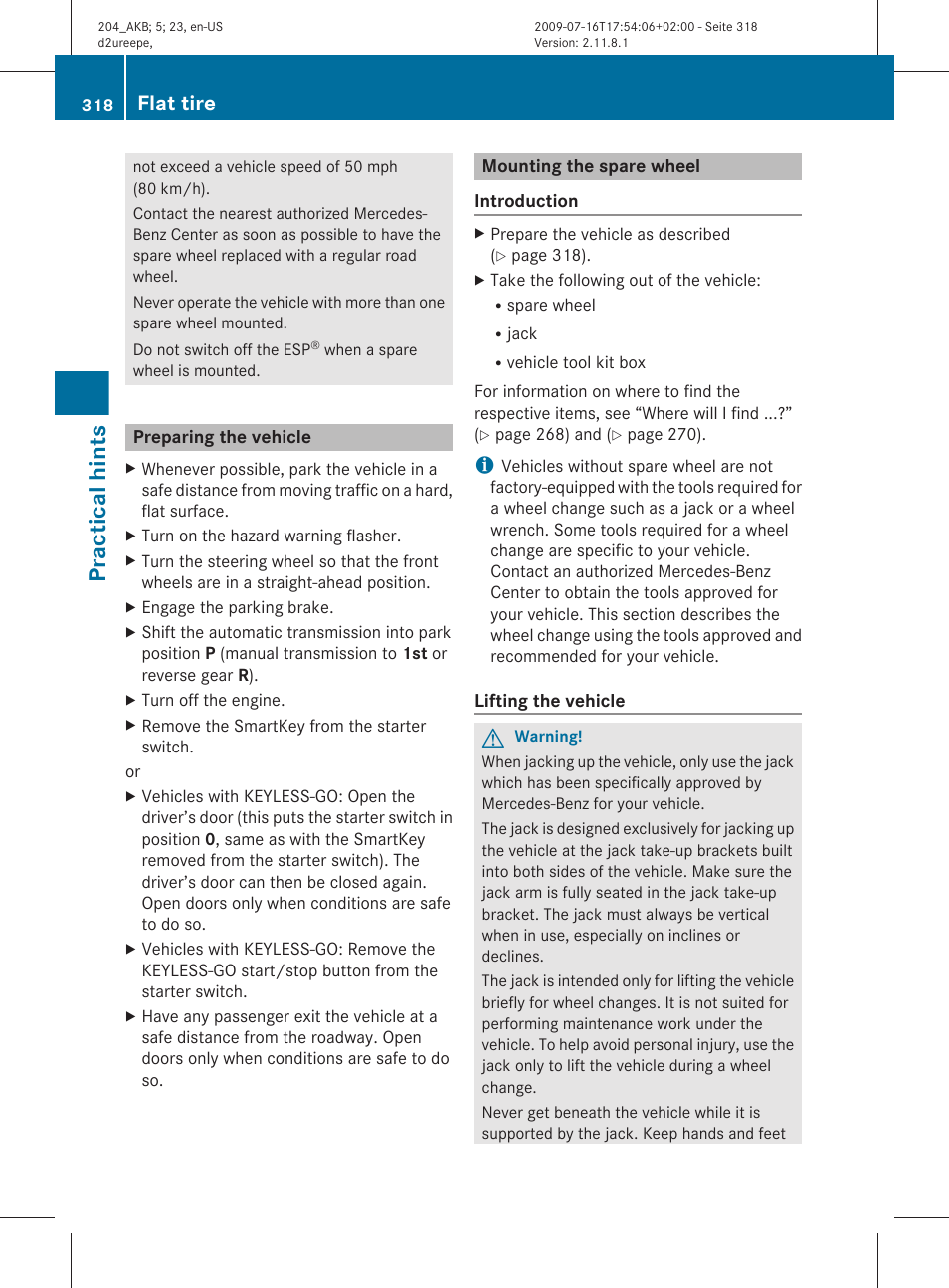 Preparing the vehicle, Mounting the spare wheel, The vehicle | Practical hints, Flat tire | Mercedes-Benz C-Class 2010 Owners Manual User Manual | Page 320 / 364