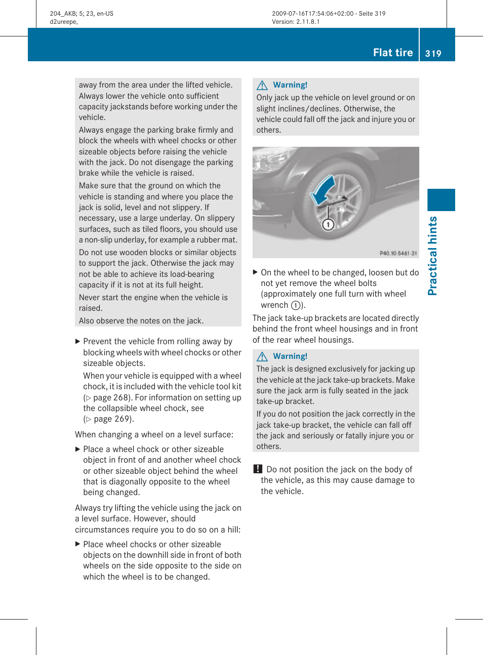 Practical hints, Flat tire | Mercedes-Benz C-Class 2010 Owners Manual User Manual | Page 321 / 364