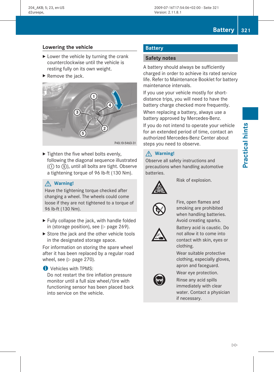 Battery, Safety notes, Practical hints | Mercedes-Benz C-Class 2010 Owners Manual User Manual | Page 323 / 364