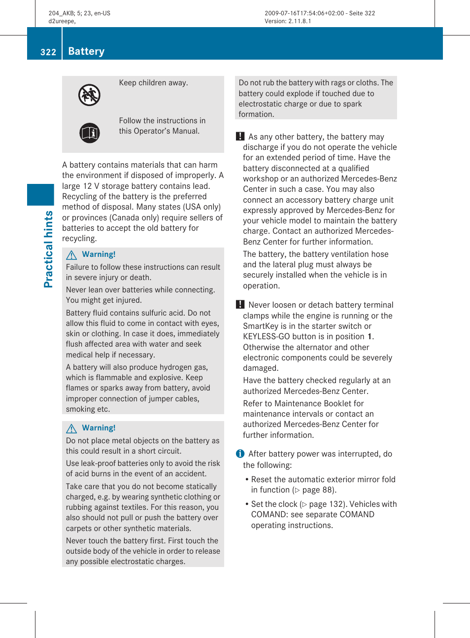 Practical hints, Battery | Mercedes-Benz C-Class 2010 Owners Manual User Manual | Page 324 / 364