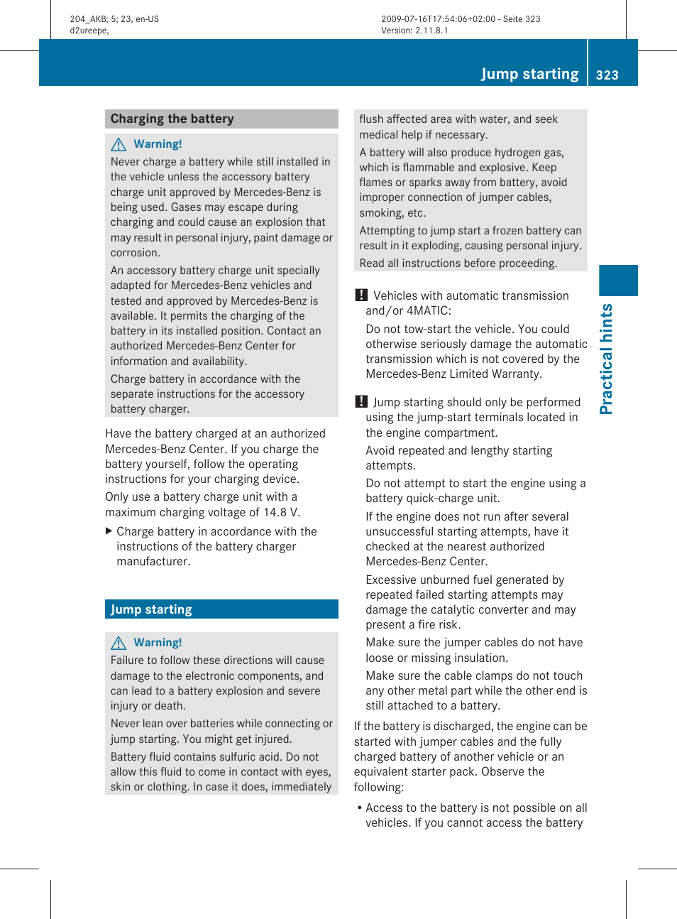 Charging the battery, Jump starting, Necessary | Get a jump start, Practical hints | Mercedes-Benz C-Class 2010 Owners Manual User Manual | Page 325 / 364