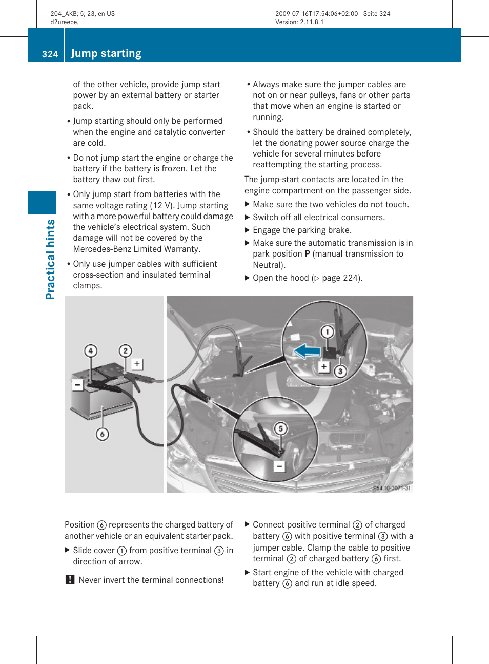 Practical hints, Jump starting | Mercedes-Benz C-Class 2010 Owners Manual User Manual | Page 326 / 364
