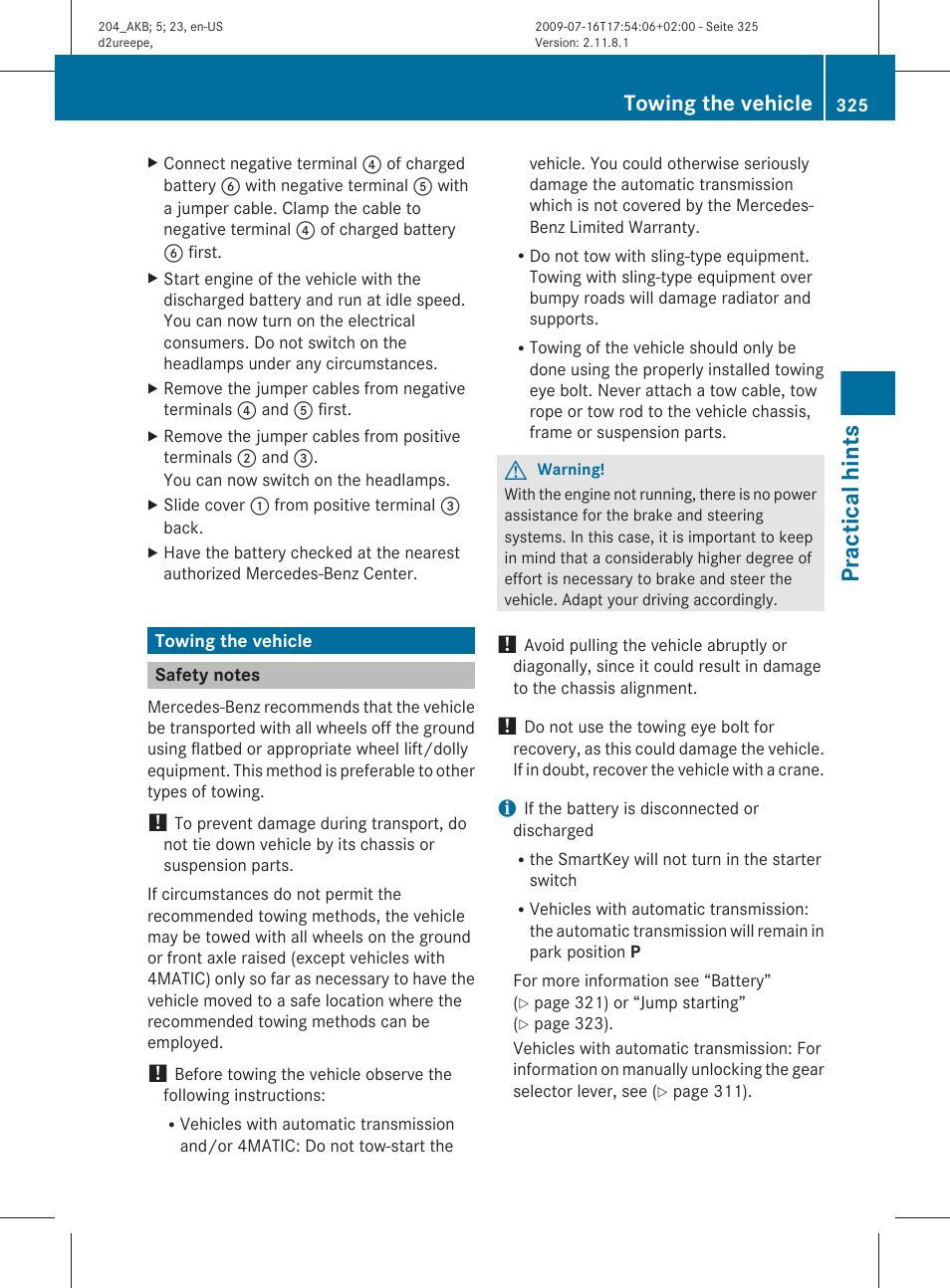 Towing the vehicle, Safety notes, Practical hints | Mercedes-Benz C-Class 2010 Owners Manual User Manual | Page 327 / 364