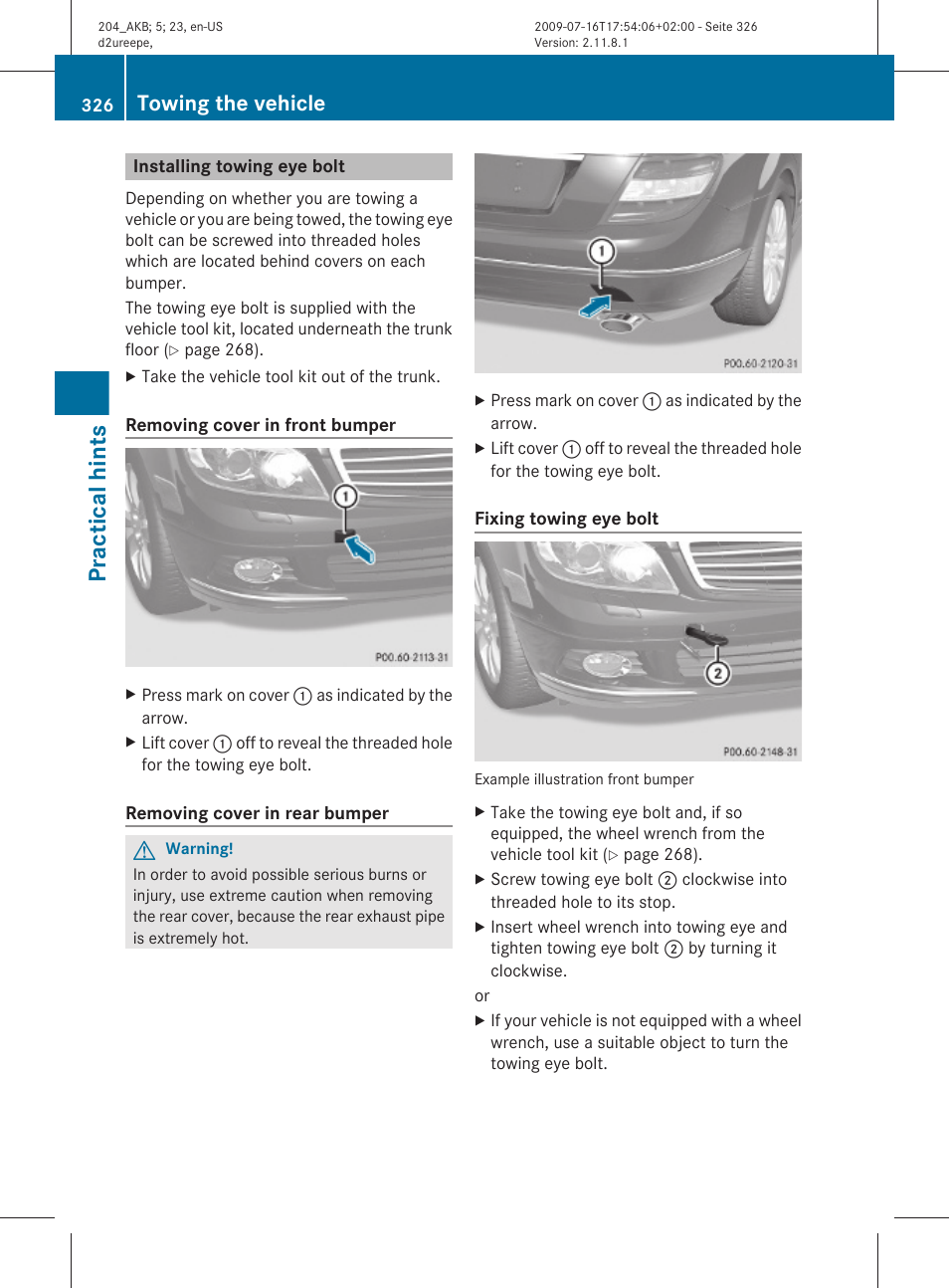 Installing towing eye bolt, Practical hints, Towing the vehicle | Mercedes-Benz C-Class 2010 Owners Manual User Manual | Page 328 / 364
