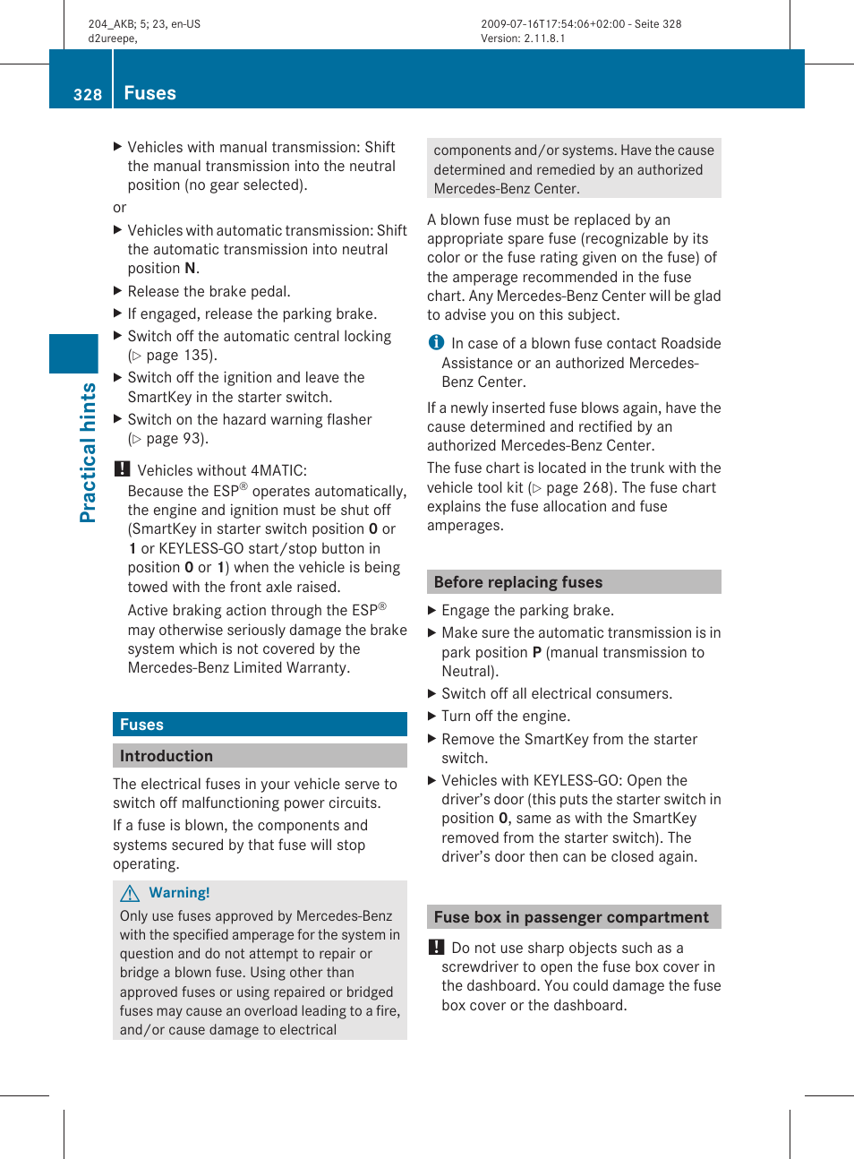 Fuses, Introduction, Before replacing fuses | Fuse box in passenger compartment, Practical hints | Mercedes-Benz C-Class 2010 Owners Manual User Manual | Page 330 / 364