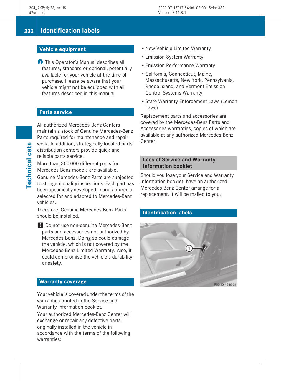 Technical data, Vehicle equipment, Parts service | Warranty coverage, Loss of service and warranty information booklet, Identification labels | Mercedes-Benz C-Class 2010 Owners Manual User Manual | Page 334 / 364