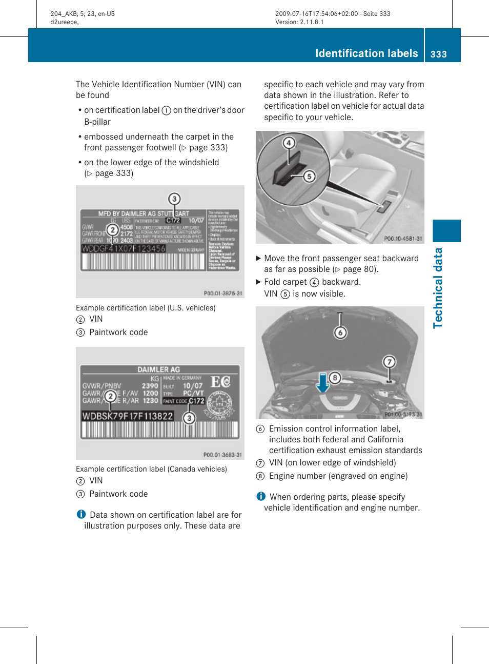 Technical data, Identification labels | Mercedes-Benz C-Class 2010 Owners Manual User Manual | Page 335 / 364