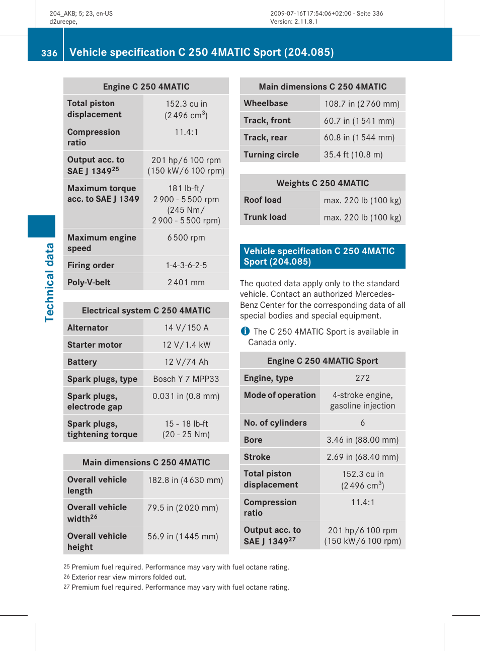 Vehicle specification c 250 4matic sport (204.085), Technical data | Mercedes-Benz C-Class 2010 Owners Manual User Manual | Page 338 / 364